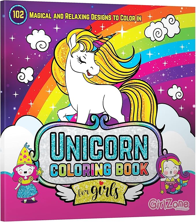 GirlZone Unicorn Coloring Book for Kids Ages 4+, Arts and Crafts Unicorn Coloring Books with 102 Fun Designs Like Fairies and Sea Animals for Teen Girls