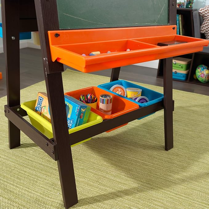 KidKraft Wooden Storage Easel with Dry Erase and Chalkboard Surfaces, Children's Art Furniture - Espresso, Gift for Ages 3+