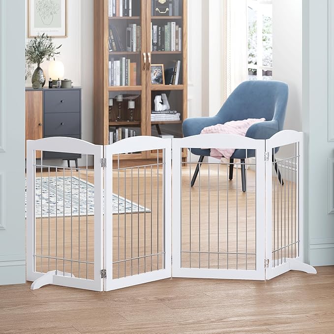 Spirich Extra Wide and Tall Dog gate for The House, Doorway, Stairs, Freestanding Foldable Wire Pet Gate for Dogs, 80-inch Wide,30 inches Tall, White (4 Pannels)