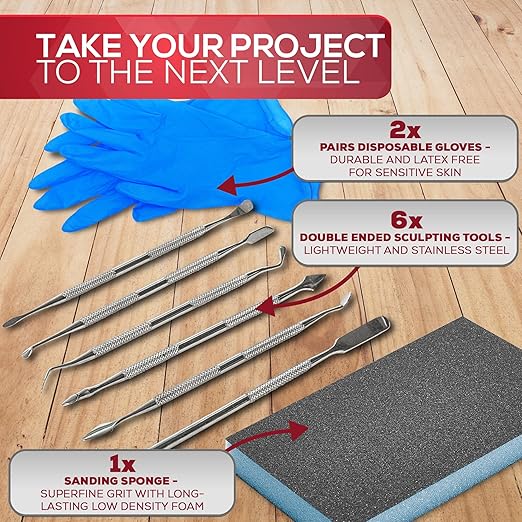 Milliput Epoxy Putty 10 Piece Set, Black Version - with Sculpting Tools, Sanding Pad and Gloves - Air Dry Moldable Plastic Plumbers Clay - Ceramic Tile, Marble and Quartz Countertop Chip Repair Kit