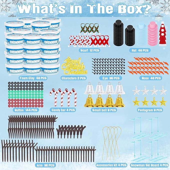 EOBOH 48 Pack Christmas Snowman Craft Kit, DIY Snowman Crafts for Kids, Build a Snowman Kit Indoor Decor, Creative Air Dry Modeling Clay, Xmas Snowman Making Kit Gift Toys for Holiday Party Supplies