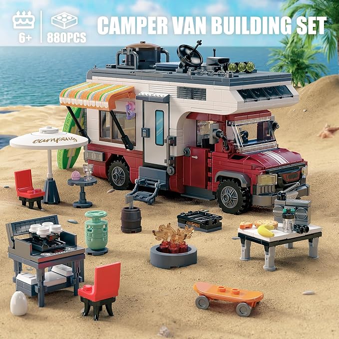 TYCOLE City Camper Van Building Set-Beach Camping Themed Construction Toy Kit with Mini Accessories&Lights, RV Car Model Compatible with Legos, Christmas Birthday Gift for Adults and Kids 6+(880 pcs)