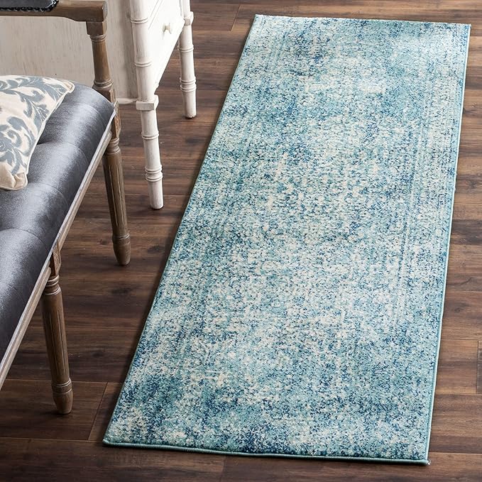 SAFAVIEH Evoke Collection 2'2" x 11' Blue/Ivory EVK256C Oriental Distressed Non-Shedding Living Room Bedroom Runner Rug
