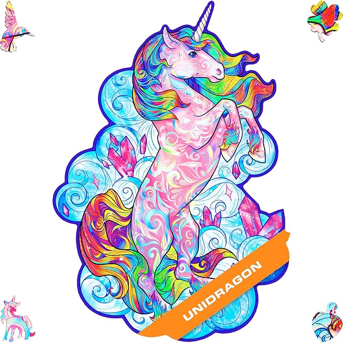UNIDRAGON Wooden Jigsaw Puzzles - Inspiring Unicorn, 195 pcs, Medium 10.2"x12.6", Beautiful Gift Package, Unique Shape Best Gift for Adults and Kids