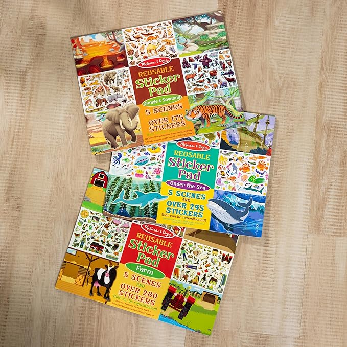 Melissa & Doug Reusable Sticker Pad Bundle - Jungle, Farm & Under the Sea - Art Activities For Kids, Restickable Stickers, Arts And Crafts For Kids Ages 3+