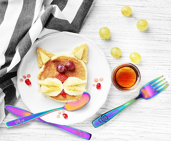 9 Piece Stainless Steel Rainbow Kids Cutlery, Child and Toddler Safe Flatware, Kids Silverware, Kids Utensil Set Includes 3 Knives, 3 Forks, 3 Spoons, Total of 3 Settings, Ideal for Home and Preschool
