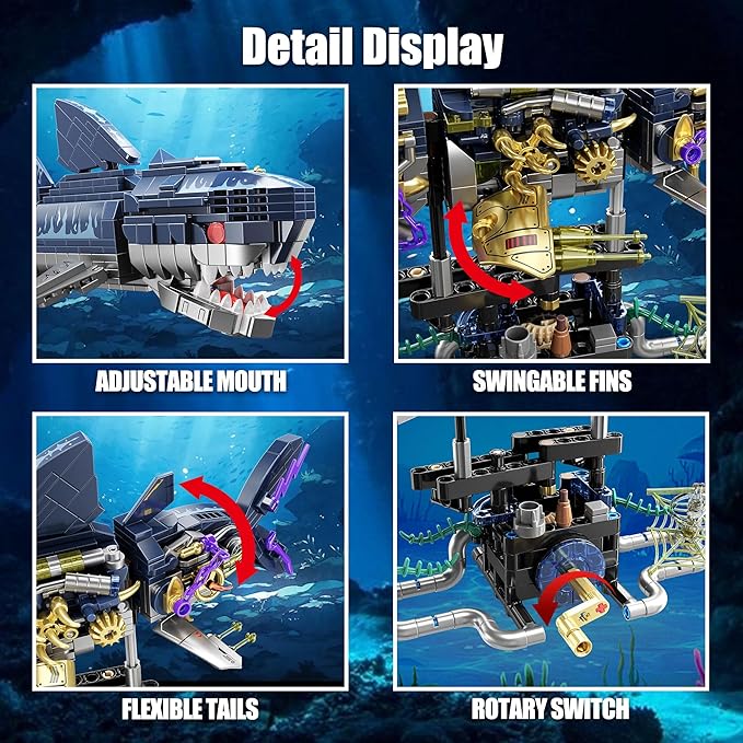 TYCOLE Mechanical Shark Building Set,Sea Animal Toy Kit with Rotatable Function and Display Stand,Creative STEM Toy Compatible with Legos,Christmas Birthday Gift for Adults and Kids 8-12(699PCS)