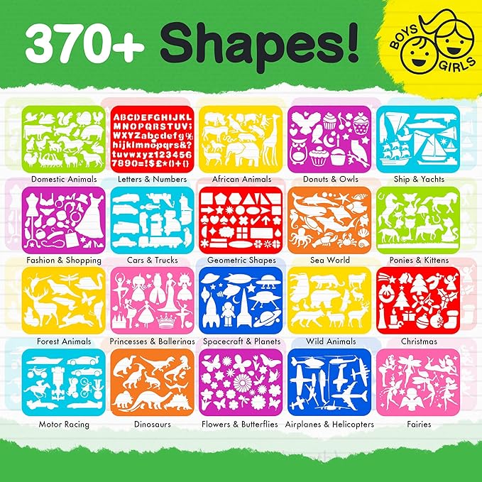 Drawing Stencil Kit for Kids, 60 PC Art Set with 370+ Shapes, Sketch Pad, and Colored Pencils for DIY Arts and Crafts for Boys and Girls, Draw with Letter, Animal and Car Stencils, Green
