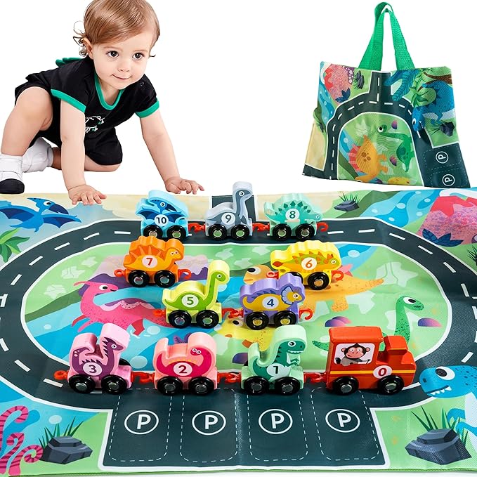 Dinosaur Toys for Toddlers Age 2-4, Wooden Dinosaur Train Set with Playmat/Storage Bag, Montessori Educational Toys for 2+ Years Old Boys & Girls