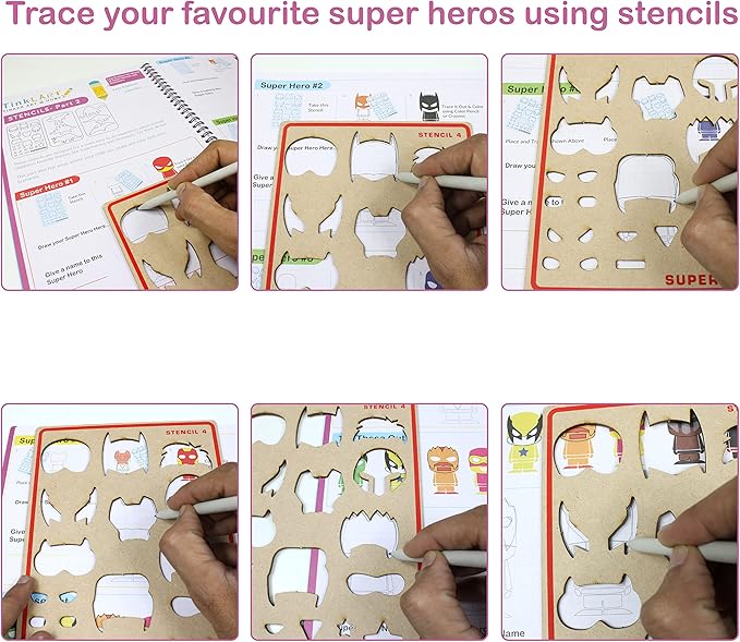 ButterflyEdufields 6in1 Stencils for Kids Drawing – 60pcs Art Supplies kit for Girls & Boys with 50+ Free Hand Drawing Challenges, Dinosaur Super Heroes Stencils, Finger Painting, Sponge Art