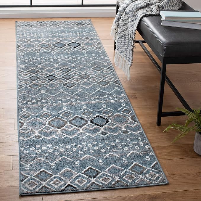 SAFAVIEH Amsterdam Collection Runner Rug - 2'3" x 14', Blue & Ivory, Moroccan Boho Design, Non-Shedding & Easy Care, Ideal for High Traffic Areas in Living Room, Bedroom (AMS108L)