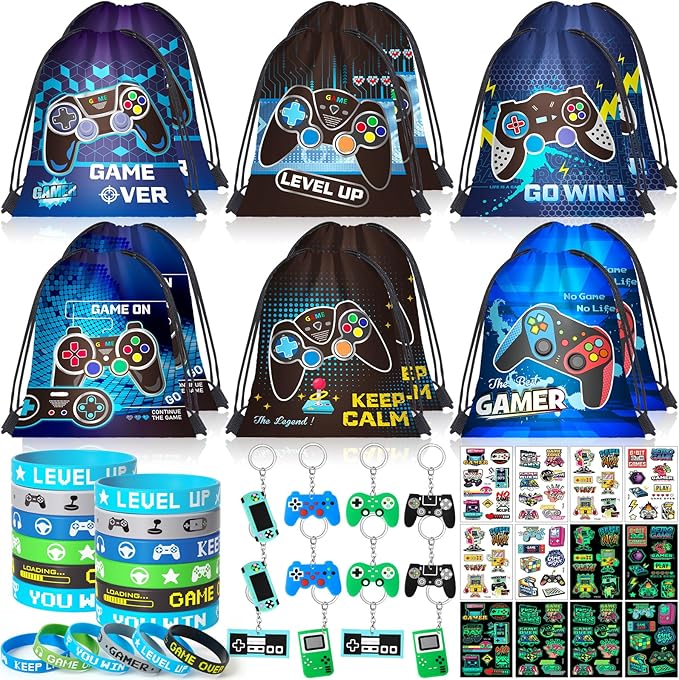 Video Game Party Favors Birthday Supplies, Gamer Drawstring Bag Keychain Silicone Bracelet Tattoo Sticker, Gamer Gaming Birthday Party Favor Goodie Bag Stuffers Fillers Classroom Rewards for Kids