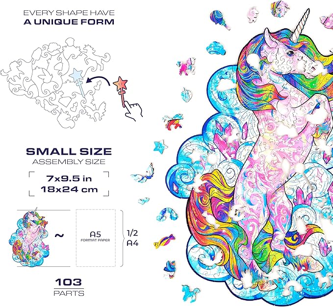UNIDRAGON Wooden Puzzles for Adults Unique Jigsaw Puzzles - Small Inspiring Unicorn Small 7"x9.5" 103 PCS Deko with Cut 0.03 mm Wood Accuracy Animal