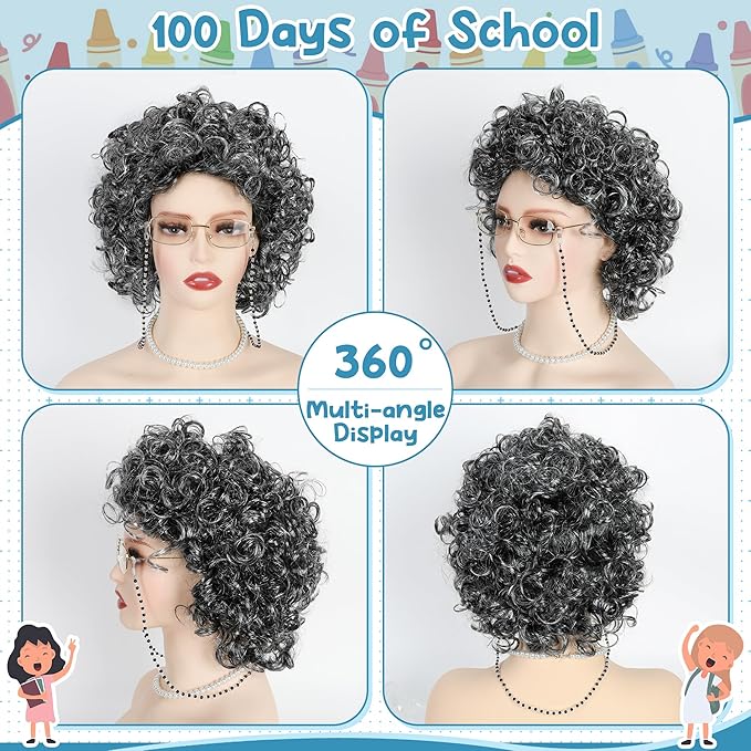 Old Lady Costume for Kids, Dark Gray Curly Wig Glasses Wig Cap Pearl Necklace Bracelet for 100 Days of School Costume