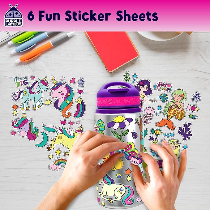 Purple Ladybug Decorate Your Own Water Bottle for Girls - Includes Trendy Stickers, Easter Gift for Ages 5-8, Birthday or Valentines Gift, Great for Little Girls