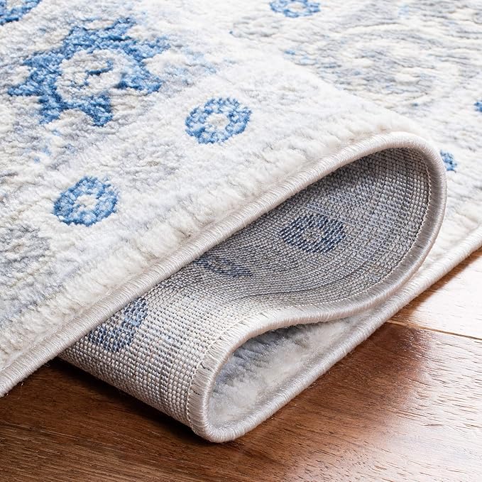 SAFAVIEH Brentwood Collection 2' x 8' Ivory/Blue BNT870A Oriental Damask Trellis Non-Shedding Living Room Entryway Foyer Hallway Bedroom Runner Rug