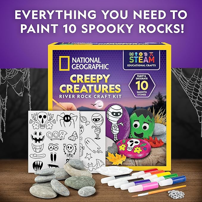 National Geographic Creepy Creatures Rock Painting Kit - Halloween Arts & Crafts Kit for Kids, Decorate 10 River Rocks with 10 Paint Colors & More Spooky Art Supplies, Halloween Kids Toys