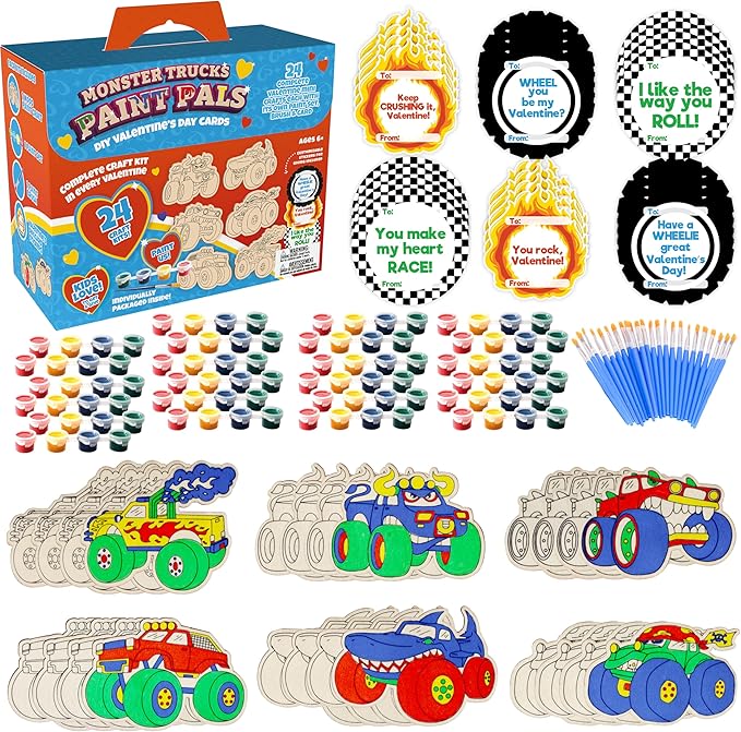 Kids Valentine's Day Cards - Monster Trucks Wood Painting Craft Kits (24ct)- Each Valentines Card Includes Craft w Paints, Brush, and Sticker- Make Classroom School Exchange Gifts Fun for Boys & Girls