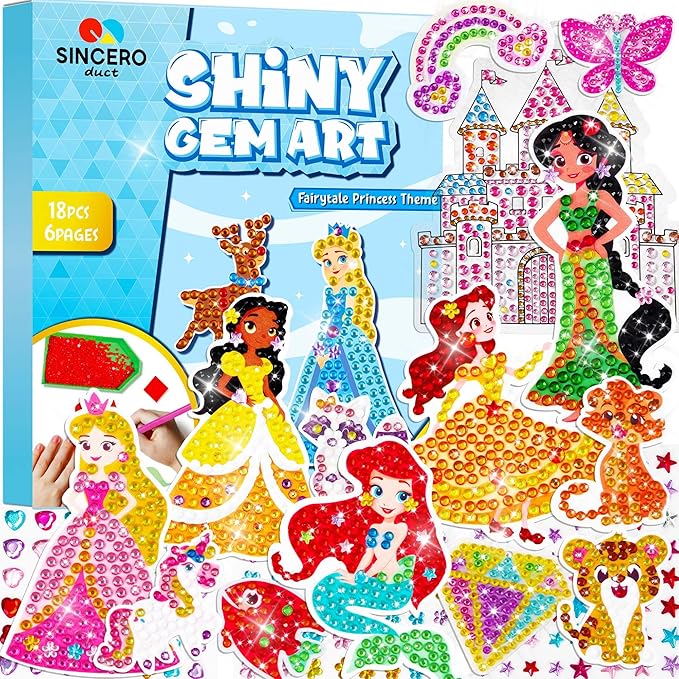 sinceroduct Diamond Art Kits for Kids with 6 Princess and Animals Stickers, 3 Gem Art Keychains and Suncatchers, Make Your Own Arts & Crafts, Christmas and Birthday Gifts for Girls Aged 4-8+