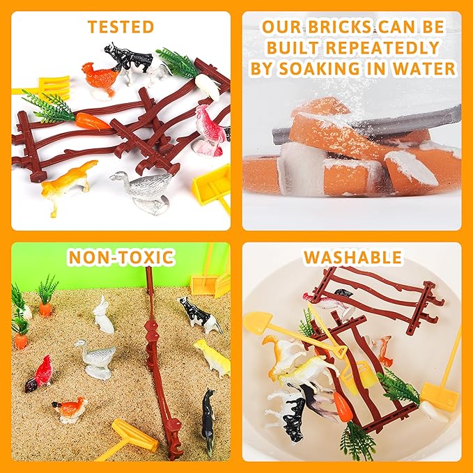 Farm Sensory Toys, Sensory Bins for Toddlers, Preschool Farm Sensory Toys with Sensory Sand, Bricks, Farm Animals, Farm Tools,Farm Sand Play Set for Boys and Grils……