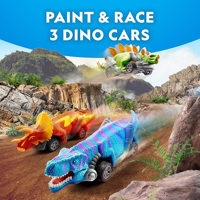 National Geographic Pull Back Dinosaur Race Cars Craft Kit - Paint 3 Dinosaur Racecars with 6 Paint Colors, Dinosaur Toys for Kids, Kids Painting Kit, Dinosaur Cars, Arts & Crafts for Kids