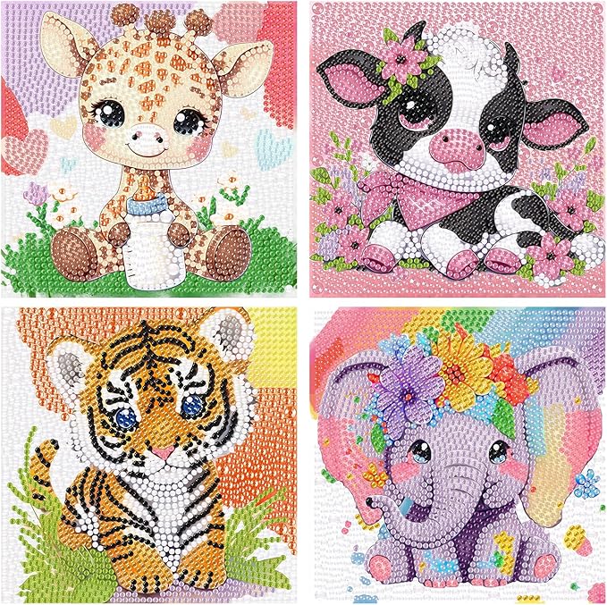 hkejoi 4 Pack Diamond Painting Kits with Box Animal Diamond Art Kits, Big Gem Diamond Painting Arts and Crafts Painting Kit for Gift Home Decor 6x6inch