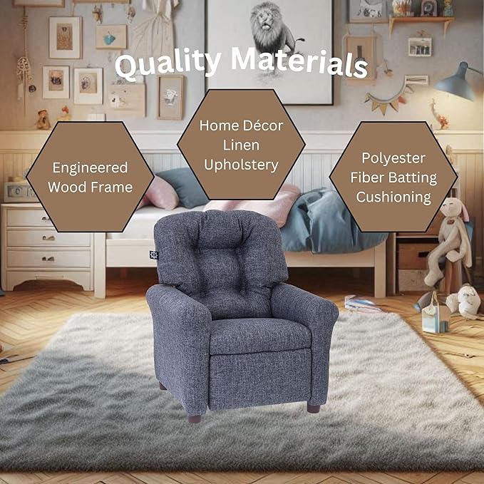 The Crew Furniture Traditional Kids Recliner, Toddler Ages 1-5 Years, Home Décor Polyester Linen, Gray
