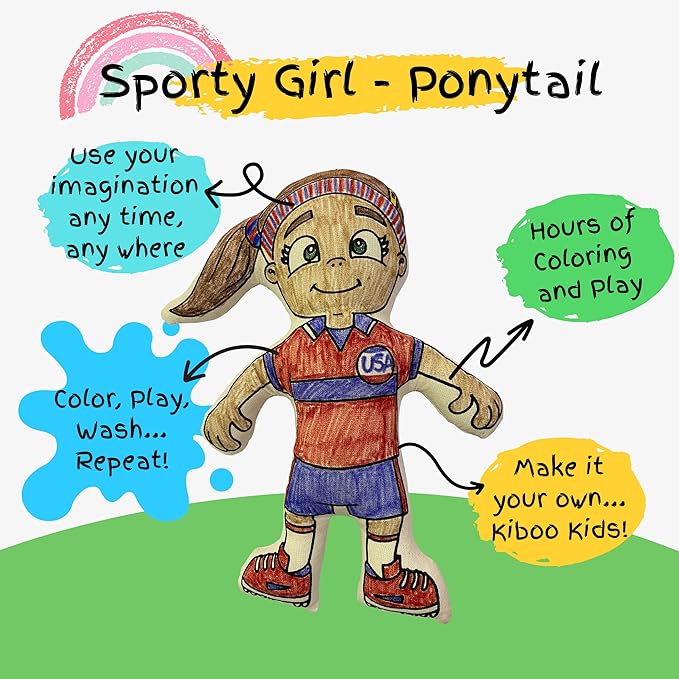 Washable Coloring Doll – Soccer Girl with Ponytail, Mini Doll Backpack & Markers - Educational Art & Crafts Toy - Color, Play, Wash, Repeat - Reusable Creative Gift for Kids