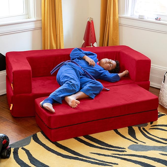 Jaxx Zipline Sofa & Large Ottoman 3 in 1 Fold Out Sofa, Big Kids Edition, Cherry (17454)