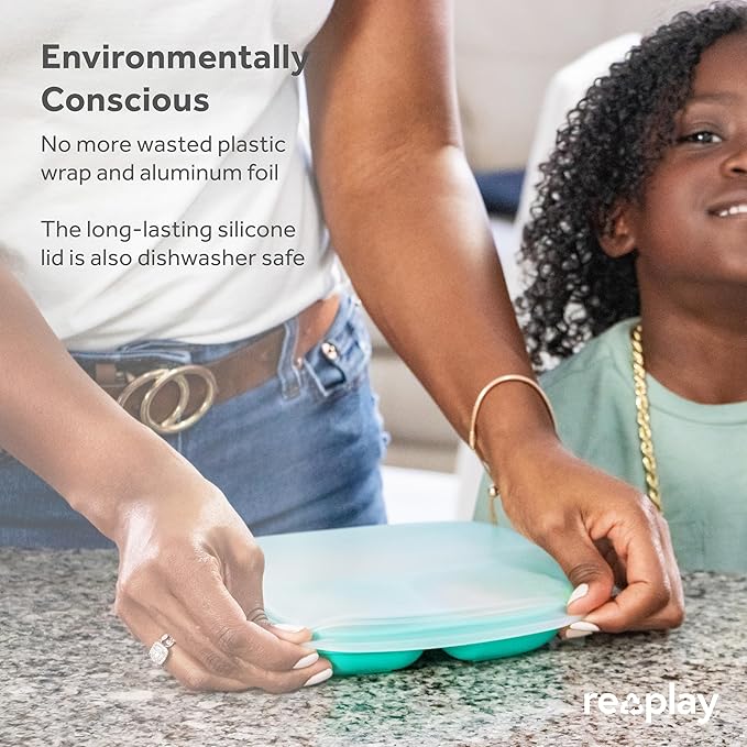 Re-Play Made in USA 7" Deep Walled Divided Plates for Kids, Set of 3 With 3 Lids - Reusable 3 Compartment Plates, Dishwasher and Microwave Safe - 7.37" x 7.37" x 1.25", Mermaid