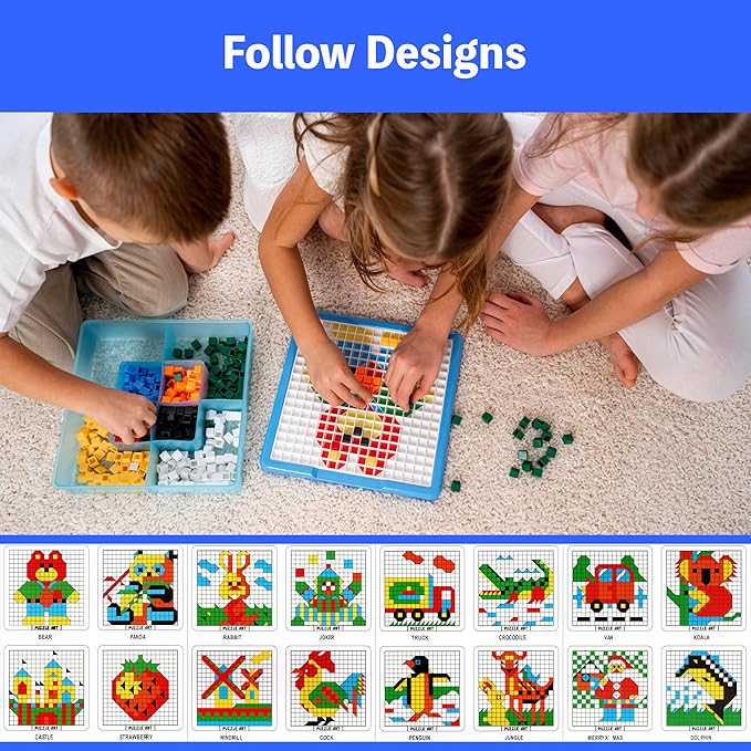 KIEZ 490 Pieces Mosaic Puzzle, Pixel Art Challenge with 24 Designs (Animals, Vehicles, Fruits, Architectures), DIY Art STEM Toys for Kids 3+ Years Old