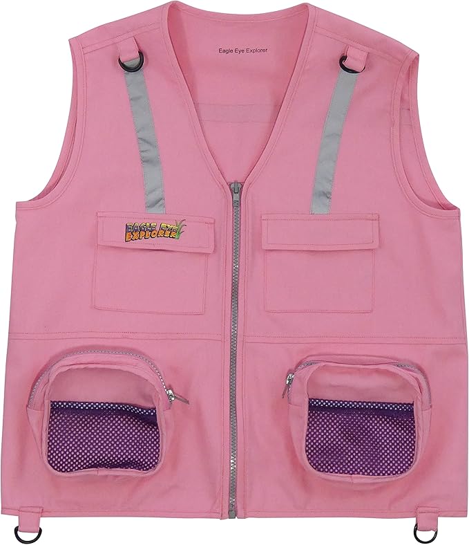 Multi-Piece Set Cargo Vest with Reflective Safety Straps, 1 8x21 Magnification Binoculars and Safari Hat for Boys and Girls (Medium/Large, Pink Vest, Pink Hat, Pink Binoculars)
