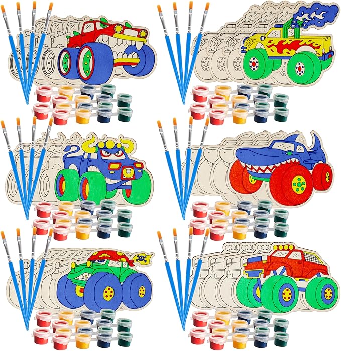 Kids Valentine's Day Cards - Monster Trucks Wood Painting Craft Kits (24ct)- Each Valentines Card Includes Craft w Paints, Brush, and Sticker- Make Classroom School Exchange Gifts Fun for Boys & Girls