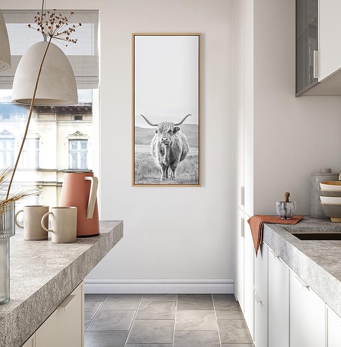 Kate and Laurel Sylvie Highland Cow Mountain Landscape Vertical BW Framed Canvas Wall Art by The Creative Bunch Studio, 18x40 Natural, Decorative Farmhouse Art for Wall