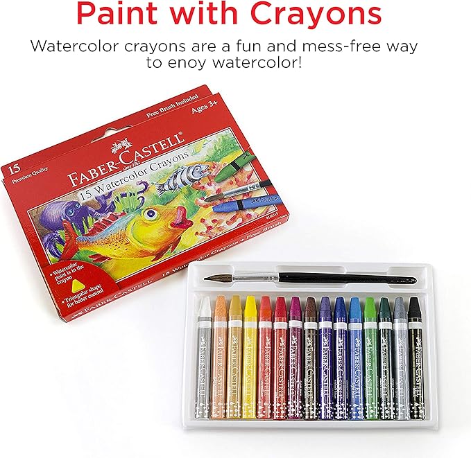 Faber-Castell Watercolor Crayons with Brush, 15 Colors - Premium Quality Art Supplies for Kids