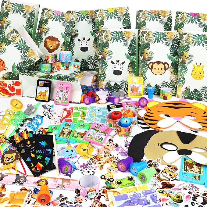 158PCS Jungle Safari Party Favors Set – Wild Animals Goodie Bag Stuffers, Masks, Straws, Stamps, Keychains, Gift Bags, Assembly Toys for Kids Birthday Party, Boys & Girls Party Favors