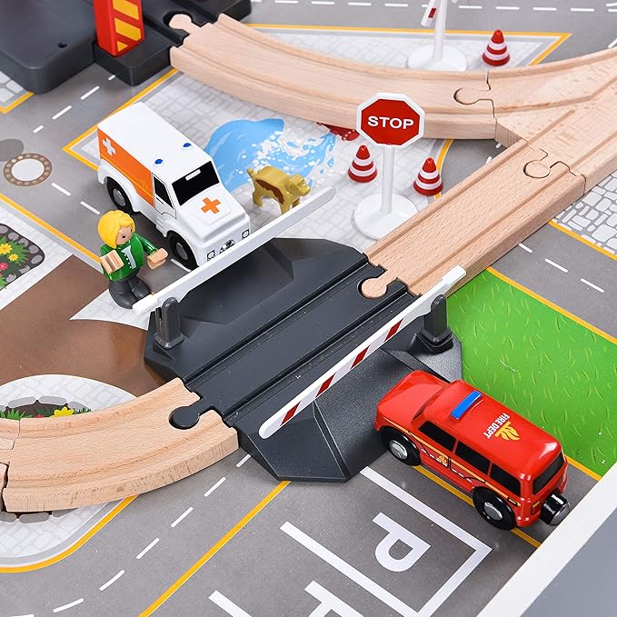 Giant bean 70PCS Wooden Train Set with Battery Locomotive Fits Thomas, Brio, Chuggington, Melissa Tracks, Expandable Toys for 3+ Years Old Girls & Boys