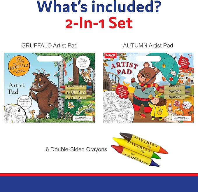 Large Artist Pad with Handle Set, Reusable Sticker Book with Coloring and Puzzle Activities for Kids 3 and Up, Includes 3 Double-Sided Crayons, Kids Art Supplies for Travel and Home