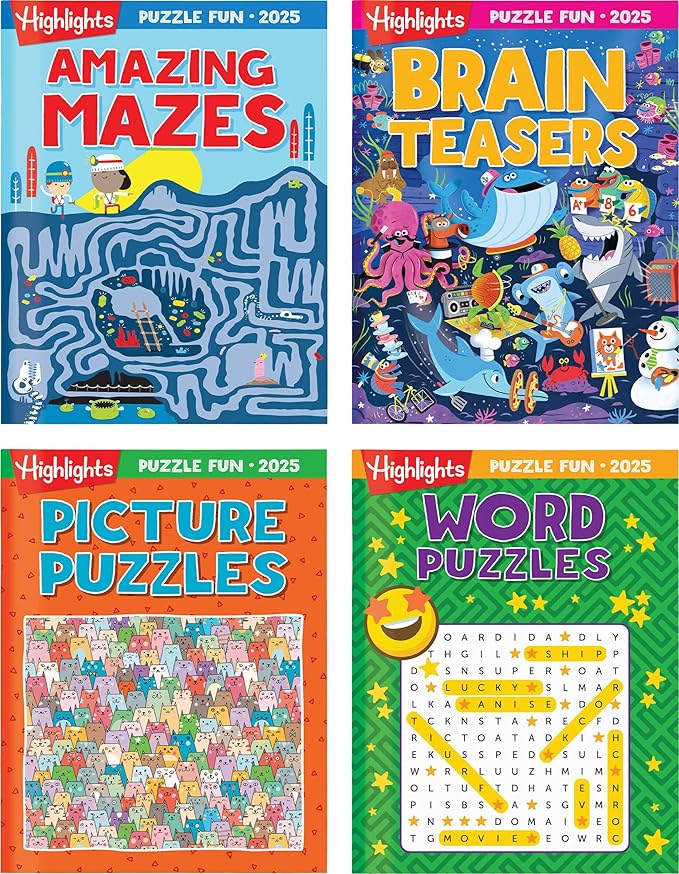 Highlights Puzzle Fun 2025 Puzzle Books for Kids Ages 6 and Up, 4-Book Set of Brain Teasers, Mazes, Word Puzzles and More Travel-Friendly Screen Free Kids Puzzles