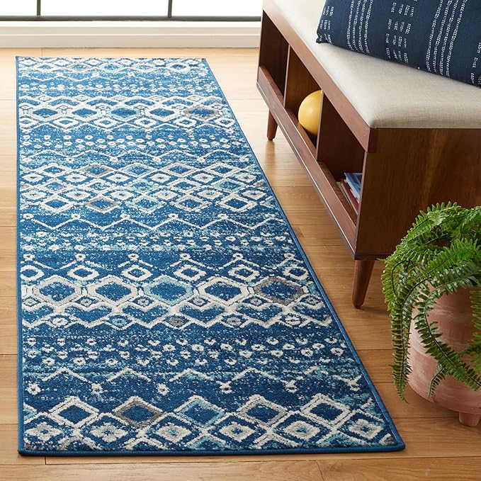 SAFAVIEH Amsterdam Collection Runner Rug - 2'3" x 8', Navy & Beige, Moroccan Boho Design, Non-Shedding & Easy Care, Ideal for High Traffic Areas in Living Room, Bedroom (AMS108N)