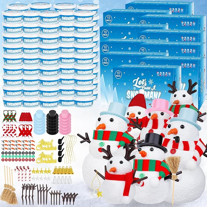 EOBOH 100pcs Snowman Craft, Build a Snowman Kit Indoor Decorations, Snowman Kit DIY Christmas Ornaments, Creative Air Dry Modeling Clay Bulk, Xmas School Family Party Activities Snowman Making Set