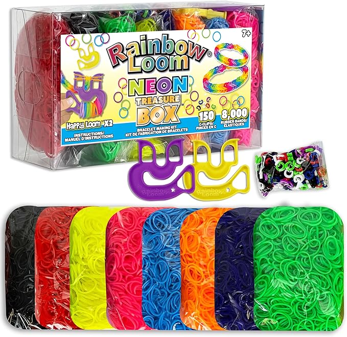 Rainbow Loom® Treasure Box NEON Edition, 8,000 Rubber Bands in 8 Different Neon Colors, and a Bonus of 2 Happy Looms, Great Activities for Boys and Girls 7+