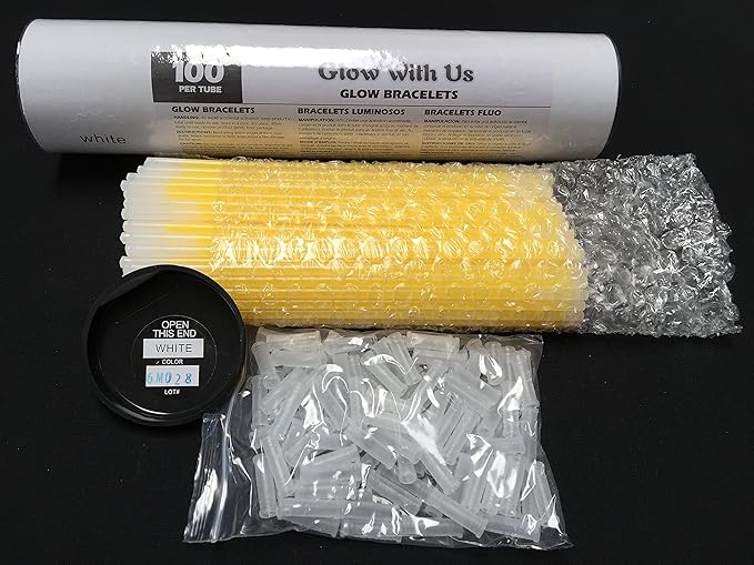 Glow Sticks Bulk Wholesale Bracelets, 100 8” White Glow Stick Glow Bracelets, Bright Color, Glow 8-12 Hrs, 100 Connectors Included, Glow Party Favors Supplies, Sturdy Packaging, GlowWithUs Brand