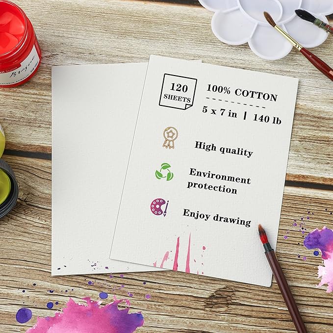 Silunkia 120 Sheets 100% Cotton Watercolor Paper 5 x 7 Inch, 140lb/300gsm Heavyweight Art Paper Cold Pressed Off White Paper for Kids Students Adults Beginner Artists Drawing Valentine Gift Cards