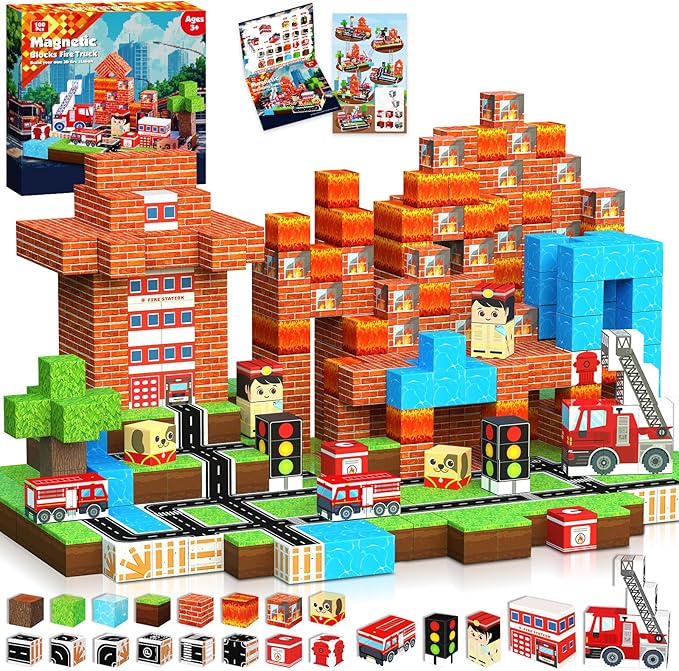 GoodyKing Magnetic Blocks|100PCS Fire Truck Magnetic Building Cube Game,Constructions Toys for Boys & Girls Age 3-4,5-8 9 10,STEM Montessori Stacking Toy,Sensory Tiles Building Christmas for Toddlers
