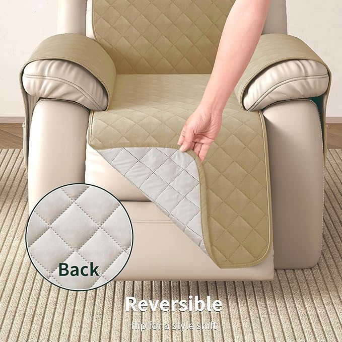 CHUN YI Recliner Chair Cover, Non-Slip Recliner Covers That Stay in Place, Washable Lazy Boy Recliner Covers with Pockets, Water Resistant Recliner Slipcover for Pets (Khaki, Small Recliner)