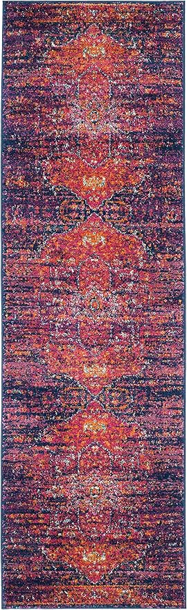 SAFAVIEH Evoke Collection 2'2" x 11' Blue / Fuchsia EVK275F Oriental Medallion Distressed Non-Shedding Living Room Bedroom Runner Rug