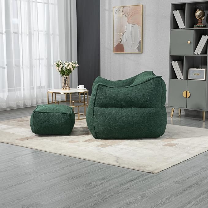 KEIKI Bean Bag Chair with Foot Rest & Armrest, Bean Bag Couch with Filler, Comfort Lounger High Back Bean Bag Lazy Sofa for Adults & Kids for Living Room, Bedroom, Apartment, Dorms, Emerald