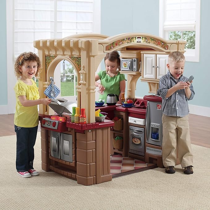 Step2 Grand Walk-In Kitchen & Grill Kids Playset, Indoor/Outdoor Kitchenette, Interactive Play with Lights and Sounds, Durable Plastic, 103 Piece Toy Accessories, Toddlers 2+ Years Old, Brown/Tan