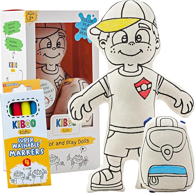 Color Your Boy Doll - Washable Art Toy with Cap & Mini Backpack - Educational Craft for Creative Play - Washable Markers Included